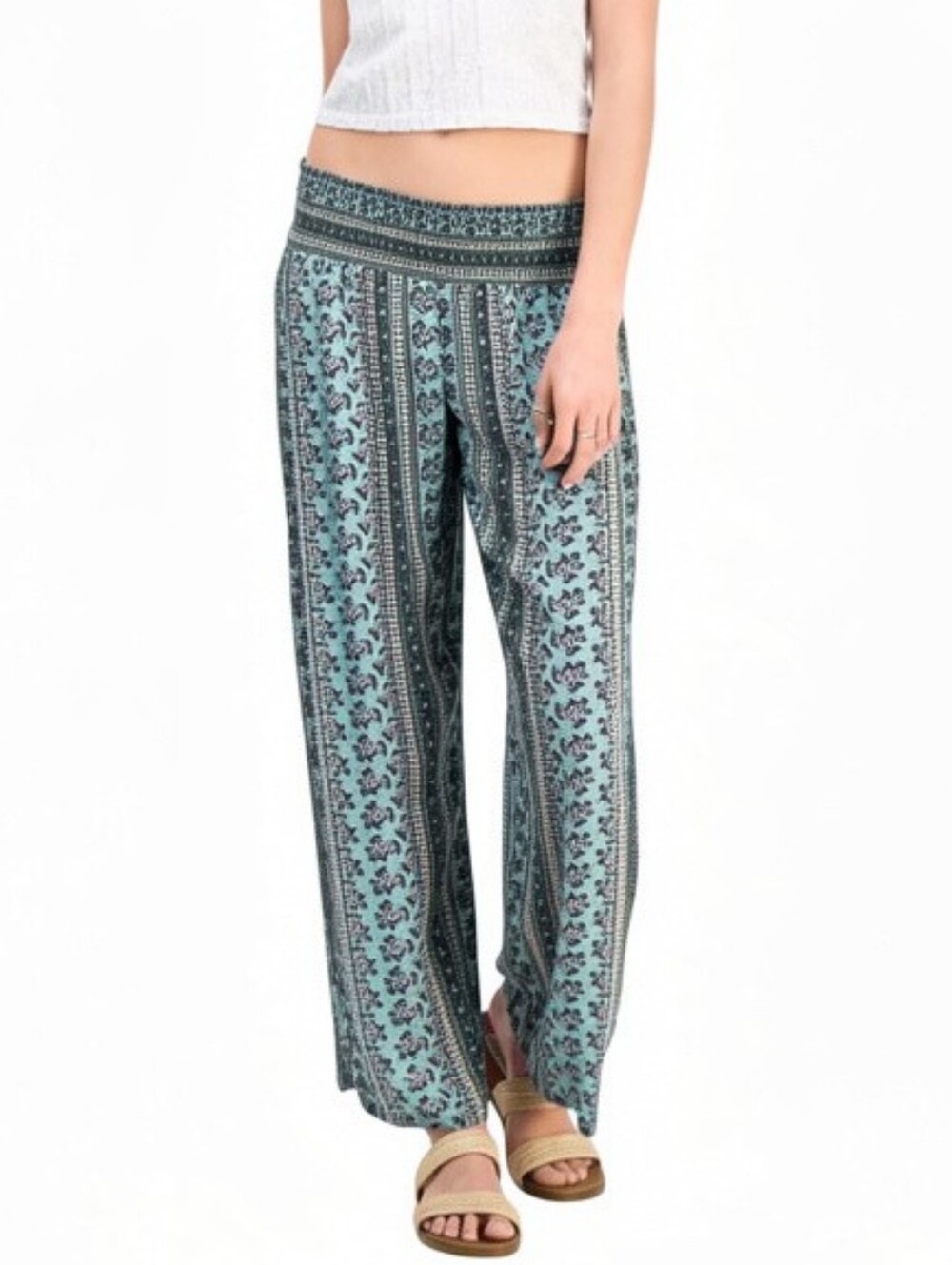 KINGSTON GREY Boho Cropped Wide Leg Soft Pants Smocked Waist Green Floral Sz S